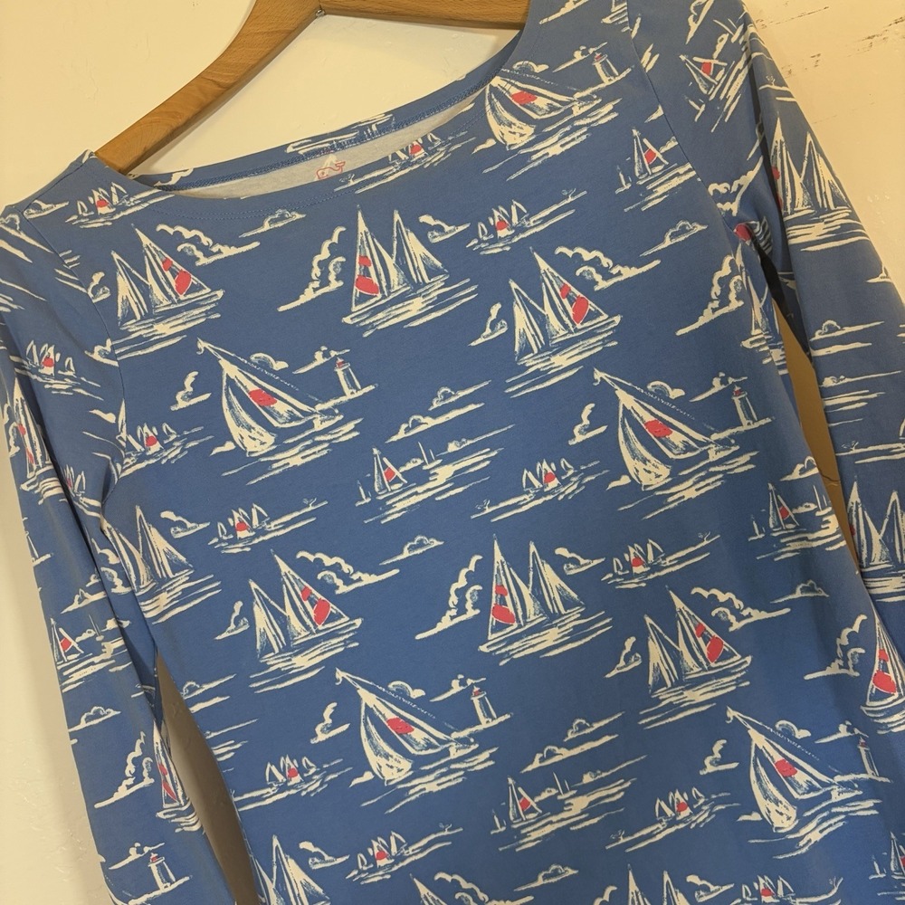Vineyard Vines Blue Sailboat Print Long Sleeve Stretch Knit Dress Size XSmall